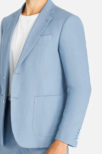 Vista 4 de Blazer de lino para hombre, chaqueta de traje ajustado con dos botones, chaqueta deportiva casual para negocios, boda, fiesta