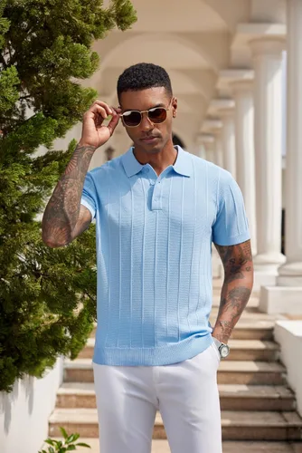 Vista 36 de COOFANDY Camisas polo de punto para hombre de manga corta con textura acanalada Camisas de golf casuales y ligeras con cuello Camiseta de polo