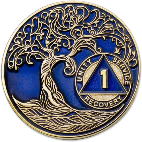Vista 204 de 1 año Sobriety Mint Twisted Tree of Life Medallón de recuperación AA chapado en oro, chip/ficha - negro
