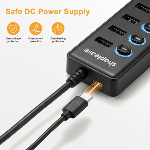 Vista 2 de Hub USB 3.0 SuperSpeed con línea de 1M, divisor de 7 puertos con interruptores de alimentación individuales y luz LED