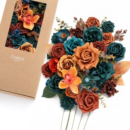 Vista 13 de Ling's moment Caja de Flores Falsas, Tallos de Vegetación Artificial Falsa Rosas de Espuma Dalia Hortensia de Seda Peonía Flor de Tela para Centros