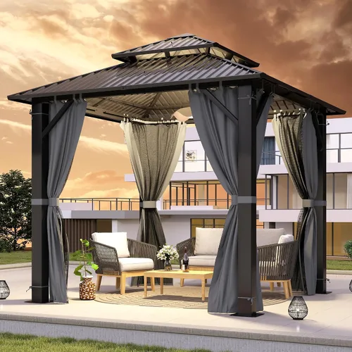 Vista 12 de GARTOO Gazebo de techo rígido para exteriores de 8 x 8 pies con techo doble Negro