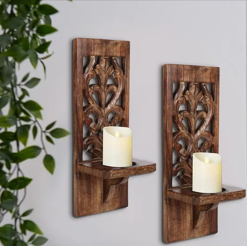 Vista 7 de Juego de 2 apliques de velas rústicos para montaje en pared - Portavelas de pilar de estante flotante de madera, decoración de pared de granja