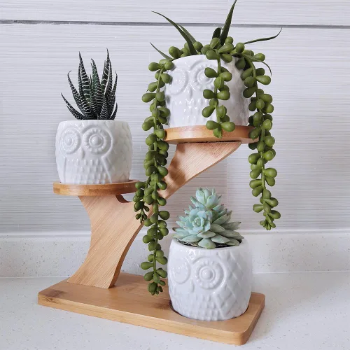 Vista 7 de 3 piezas Macetas para Suculentas de Búho con Soporte de Platillos de Bambú de 3 Niveles - Maceta Decorativa Moderna de Cerámica Blanca con Drenaje