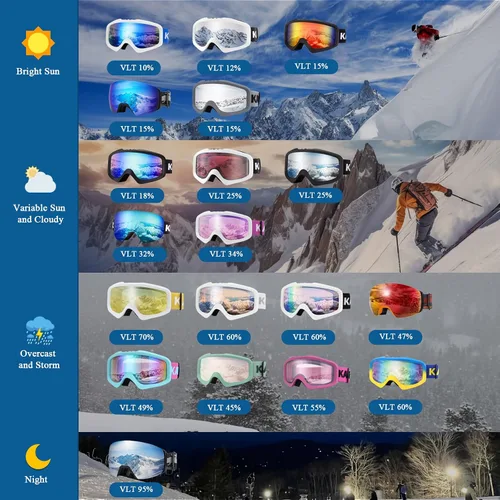Vista 6 de Karsaer - Gafas de esquí antivaho, gafas de nieve OTG, 100% protección UV, gafas de snowboard con lentes dobles flexibles para hombres, mujeres