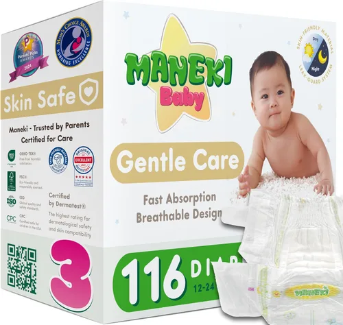 Vista 19 de MANEKI - Pañales para bebé, talla 2 (9-18 libras), 66 unidades, hipoalergénicos, sin fragancia y transpirables, protección contra fugas de hasta 12