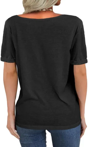 Vista 2 de Danedvi - Camiseta de manga corta con cuello en V profundo para mujer, color liso, casual, holgada, básica, moda