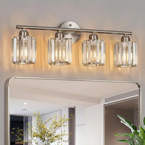 Vista 20 de Moderna lámpara de tocador de cristal de 2 luces, lámpara vertical de baño de níquel cepillado sobre espejo para tocador y lavabo, compatible