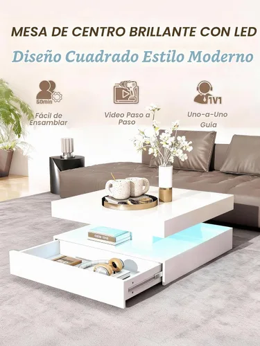Vista 4 de FKWin Mesa de centro blanca para sala de estar, mesa de centro moderna con luces LED y almacenamiento, mesa central de sala de estar de alta