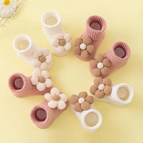 Vista 3 de 4 pares de calcetines antideslizantes para niños pequeños con agarres, calcetines de flores para bebé, niños y niñas, calcetines antideslizantes