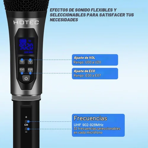Vista 3 de HOTEC Micrófonos inalámbricos Dual UHF Sistema de micrófono de mano con control de eco/volumen, receptor recargable para karaoke, iglesia, boda