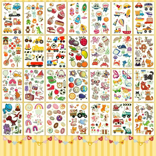 Vista 4 de Partywind 56 hojas de tatuajes temporales brillantes para niños, 560 estilos luminosos para fiestas, regalos sorpresa de cumpleaños, premios