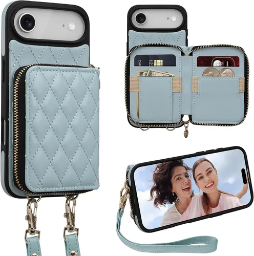 Vista 22 de Funda para iPhone 12 Pro/iPhone 12 de 6.1 pulgadas, cartera cruzada con cremallera para mujer, tarjetero con bloqueo RFID, funda de cuero con Negro