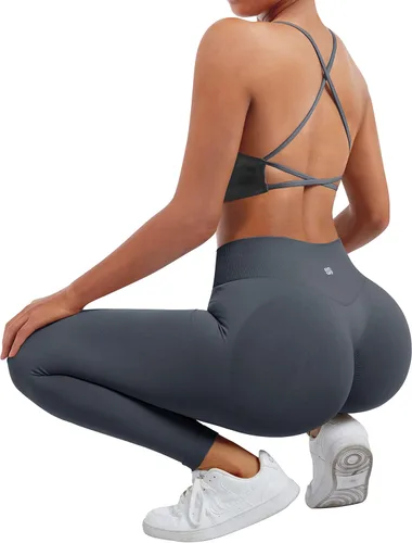 Vista 5 de SUUKSESS Conjuntos de entrenamiento sin costuras para mujer, sujetador deportivo con tiras y cintura alta, pantalones cortos