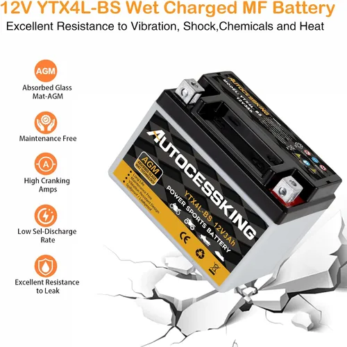 Vista 4 de Autocessking YTX4L-BS - Batería de motocicleta de 12V 3Ah recargable, libre de mantenimiento, sellada AGM, batería de reemplazo para Powersport, ATV