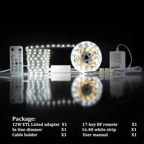 Vista 5 de WOBANE - Tira de luces LED blancas, kit de tira de luz LED regulable, 16.4 pies de luces en cinta flexible para dormitorio, cocina, debajo
