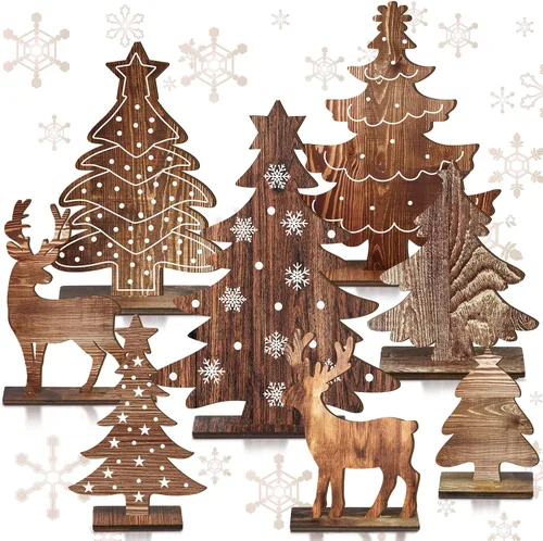 Vista 10 de Barydat - 4 piezas de decoración de mesa de Navidad de verano de madera para Navidad en julio, árbol de pino, reno, centro de mesa, letrero de mesa