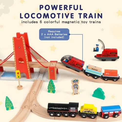 Vista 4 de Qilay Juego de tren de madera de 121 piezas con bolsa de almacenamiento, juego de pista de tren de madera Busy Port City para niños a partir de 3