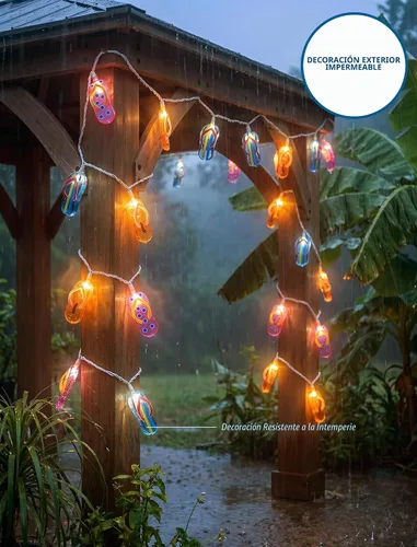 Vista 5 de Luces de cadena tricolor de pantuflas de 8.5 pies, luces de chancletas con temática de playa tropical al aire libre con 10 bombillas de plástico