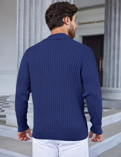 Vista 4 de COOFANDY Suéter de punto con cuello de chal para hombre, casual, ajustado, con botones