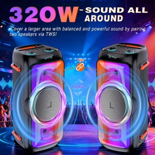 Vista 4 de Altavoz Bluetooth para fiestas de 160 W, sonido estero grande para exteriores, graves profundos, TWS, fuerte con luces, altavoces grandes