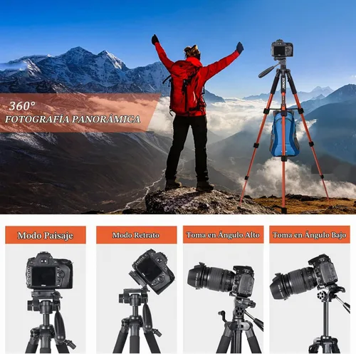 Vista 5 de Trípode de aluminio portátil de viaje ligero compacto Q111 de 55 pulgadas para Canon Nikon Sony DSLR Cámara YouTube teléfono con estuche de Rojo