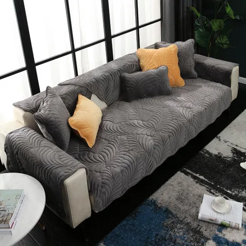 Vista 9 de vctops Funda de terciopelo suave acolchada con hojas de plátano para sofá, funda de sofá modular antideslizante para invierno, funda de muebles