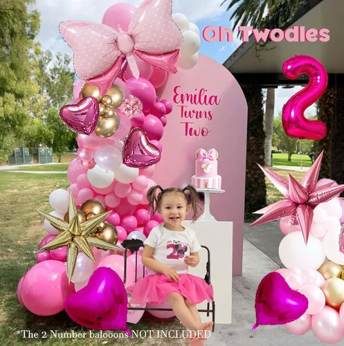 Vista 5 de Kit de arco de guirnalda de globos rosa y dorado, 140 piezas de globos de papel de aluminio de estrella con arco para temática de ratón de dibujos
