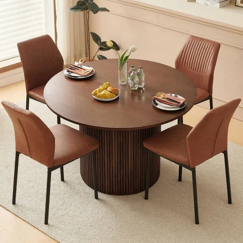 Vista 42 de Juego de mesa de comedor para 4, mesa de comedor rectangular irregular de madera moderna, sillas de comedor de cuero, 4 mesas y sillas, juego de 4