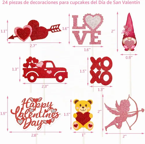 Vista 3 de Ceiba Tree 24 piezas de decoración para cupcakes para el día de San Valentín, con purpurina, corazón, amor, San Valentín, alimentos, suministros