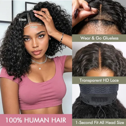 Vista 2 de Peluca de cabello humano rizado sin pegamento, 2 x 6 HD, encaje frontal, pelucas de cabello humano prearrancado 3 en 1, para usar y llevar, densidad