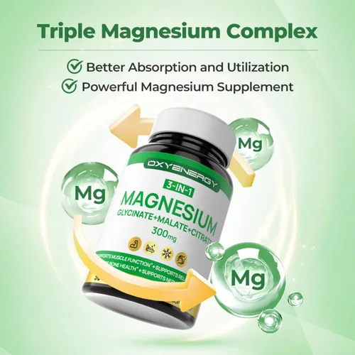 Vista 2 de OXYENERGY Suplemento de complejo triple de magnesio, cápsulas de magnesio quelatado 3 en 1 de 300 mg con citrato de malato de glicinato por porción