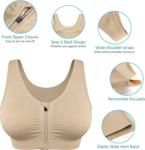 Vista 8 de Brasier deportivo con cierre frontal para mujer, posoperatorio, sin varillas, para yoga