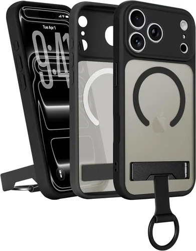 Vista 22 de Funda para iPhone 16 Pro Max, compatible con Magsafe, color negro Funda magnética mate translúcida, agarre de anillo de dedo, soporte ajustable