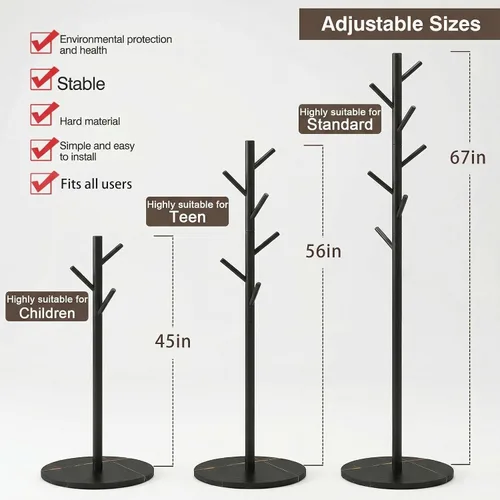 Vista 4 de Perchero independiente con 7 ganchos, moderno árbol de pasillo de 3 alturas ajustables, soporte de gancho de metal resistente con base para entrada