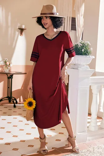 Vista 2 de Ekouaer Camisón largo con cuello en V para mujer, ropa de dormir de gran tamaño, vestido de dormir suelto S-4XL