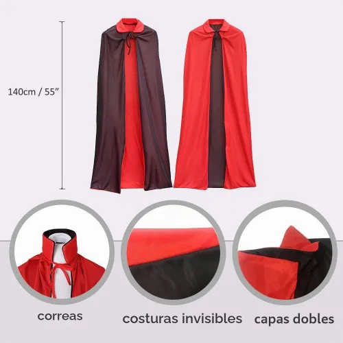 Vista 3 de Capa de vampiro de Halloween, capa reversible de 55 pulgadas con dientes y orejas de vampiro, disfraz de mago de doble capa para mujeres y hombres