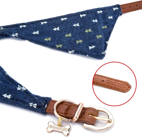 Vista 3 de Collar de piel para cachorros pequeños, ajustable, de piel, con hebilla identificatoria. Collar para perro con bandana roja a cuadros, S