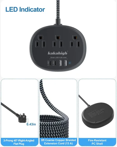 Vista 2 de Cable de extensión negro de 10 pies, cable de extensión de 1625 W, 3 clavijas con 3 salidas de CA, 4 USB (24 W/4.8 A), estación de carga de cabecera