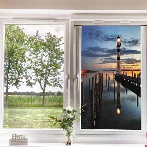 Vista 4 de Lámina de privacidad para ventana de faro, faro tranquilo al atardecer en la bahía y paseo marítimo de madera, reflejos sobre nubes de agua, Color2