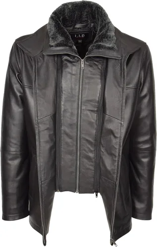 Vista 6 de Chaqueta de cuero real para hombre negro extraíble cuello hasta la cadera - William