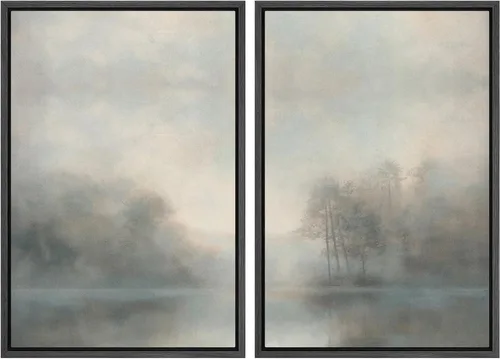 Vista 70 de MUDECOR Lienzo enmarcado para pared, bosque brumoso, reflejos, paisaje tranquilo, ilustraciones modernas, arte decorativo, bohemio, tranquilo/zen