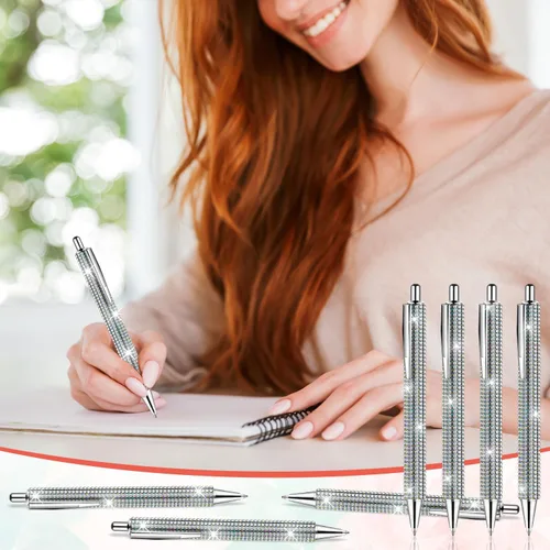 Vista 6 de Bolígrafos brillantes para diamantes de imitación, 4 bolígrafos plateados brillantes con 8 repuestos retráctiles de tinta negra para suministros