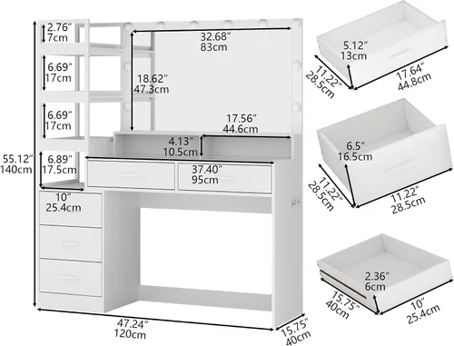 Vista 7 de Gyfimoie Escritorio blanco con espejo y luces, mesa de maquillaje de 8 cajones con parte superior de cristal, tomas de corriente y luces RGB