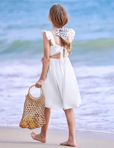 Vista 3 de Arshiner Vestidos de verano para niñas, cuello cuadrado, manga con volantes, lazo en la espalda, acampanado, casual, vestido midi con bolsillos