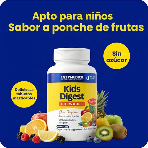 Vista 7 de Enzymedica Kids Digest, enzimas digestivas masticables, sabor natural a ponche de frutas, 60 porciones Fruit Punch Flavor, Daily Digestion & Gut