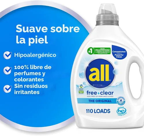 Vista 2 de all free clear, Original, Detergente líquido para lavandería para piel sensible, sin aroma e hipoalergénico, concentrado, 82.5 onzas líquidas, 110