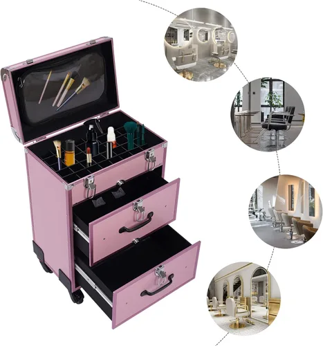 Vista 5 de Estuche profesional de maquillaje con ruedas, con cajones, carrito grande para cosméticos con cerraduras, organizador de almacenamiento