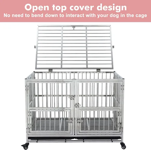 Vista 4 de Jaula para perros resistente de 42 pulgadas con ruedas, jaula de acero inoxidable indestructible de alta ansiedad, diseño de cerraduras resistentes