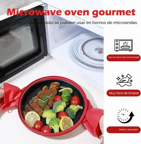 Vista 7 de Sartén parrilla para microondas con tapa de vidrio, parrillera y sartén crujiente para microondas para asar, freír, dorar y hacer crujiente
